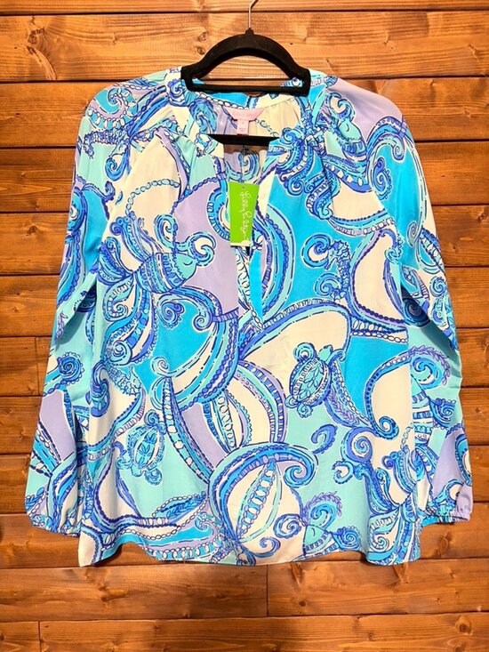 Lilly Pulitzer Tops - Lilly Pulitzer Elsie silk blouse "Searulean Blue Test The Water"